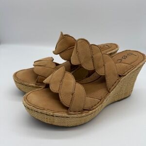 b.o.c. Born Concept Tan Leather Scalloped Wedge Boho Sandals BC2957 Size 9